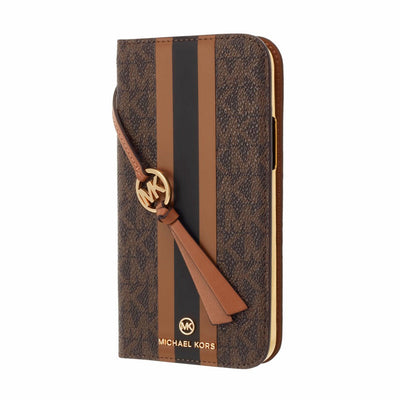 iPhone13ProMAX MICHAEL KORS (マイケルコース) FOLIO CASE STRIPE WITH TASSEL CHARM 手帳型ケース - Brown