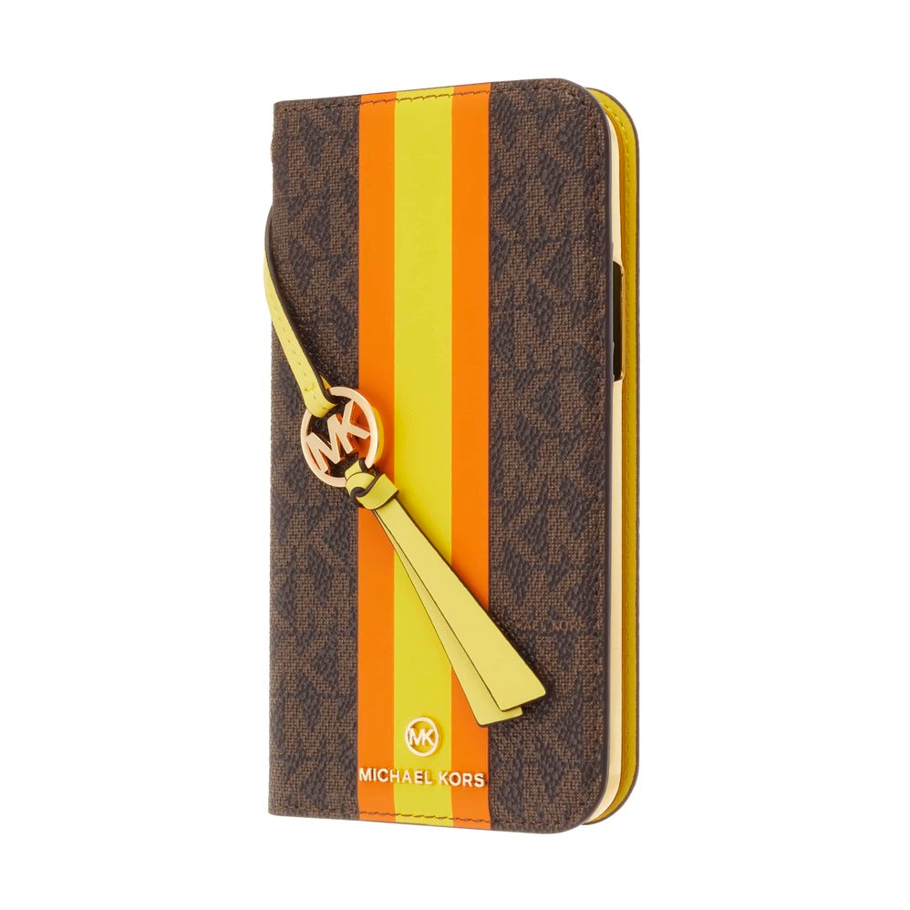 iPhone13mini MICHAEL KORS (マイケルコース) FOLIO CASE STRIPE WITH TASSEL CHARM 手帳型ケース - Orange×Yellow［Brown］