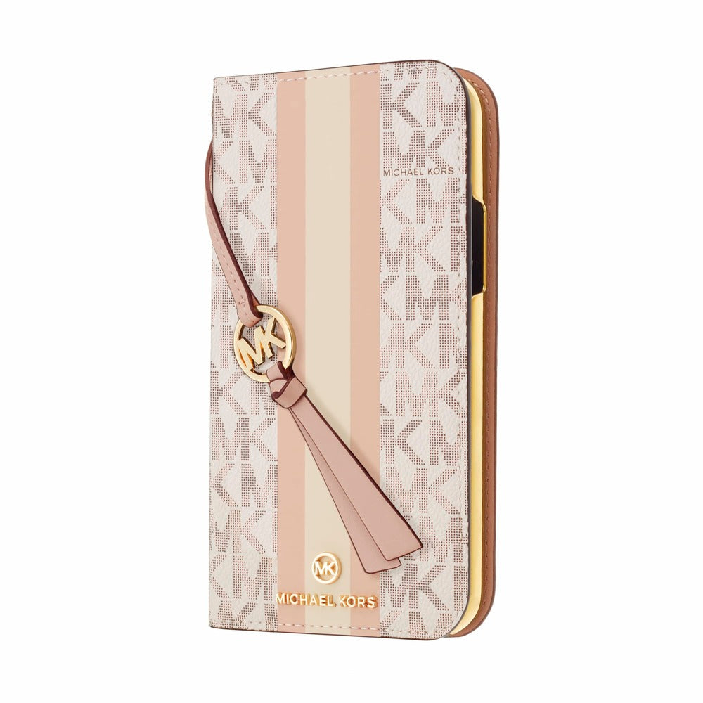 iPhone13Pro MICHAEL KORS (マイケルコース) FOLIO CASE STRIPE WITH TASSEL CHARM 手帳型ケース - Vanilla